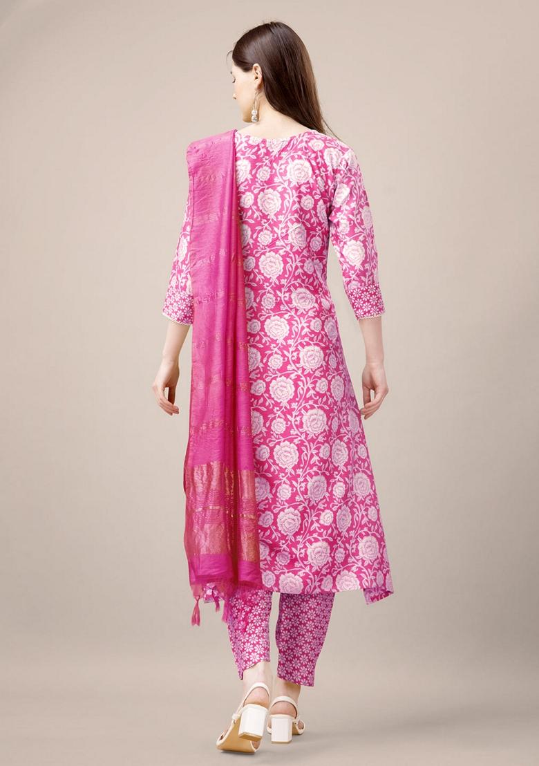Pink Embroidered Rayon Salwar Kameez With Dupatta