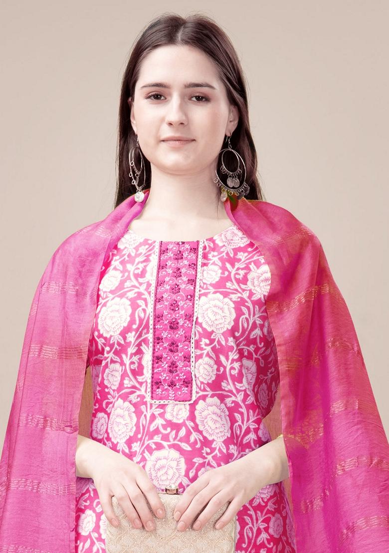 Pink Embroidered Rayon Salwar Kameez With Dupatta