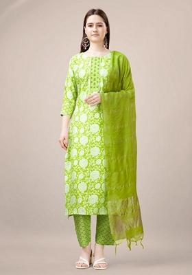 Parrot Green Embroidered Rayon Salwar Kameez With Dupatta