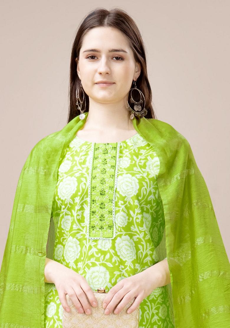 Parrot Green Embroidered Rayon Salwar Kameez With Dupatta