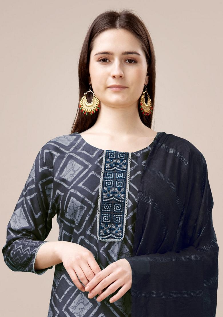 Grey Embroidered Rayon Salwar Kameez With Dupatta