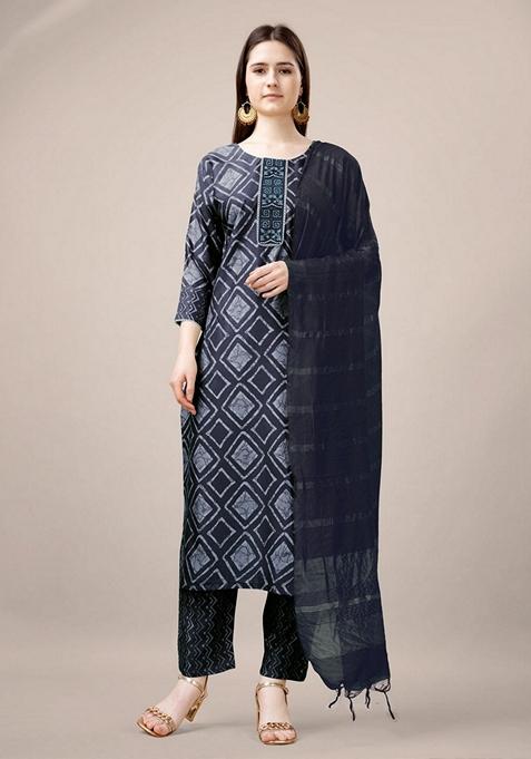 Grey Embroidered Rayon Salwar Kameez With Dupatta