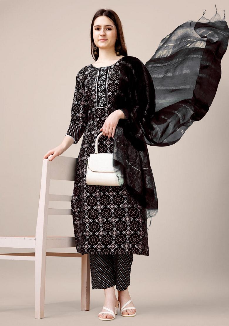 Black Embroidered Rayon Salwar Kameez With Dupatta