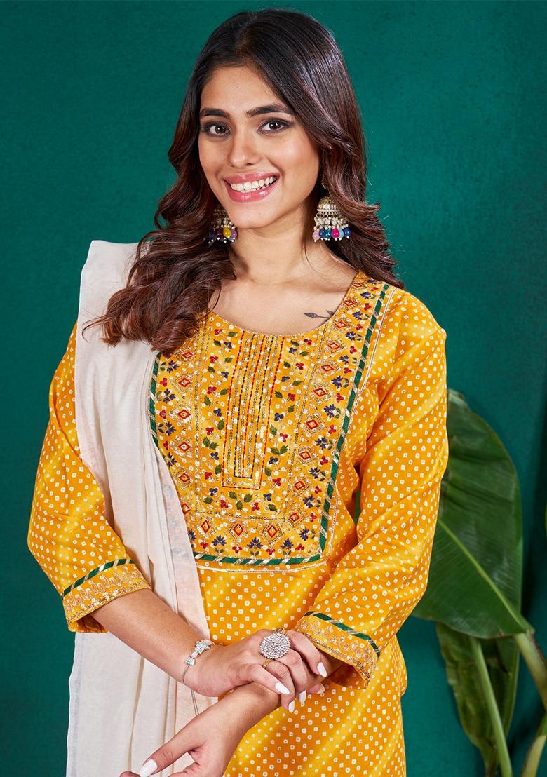 Yellow Embroidered Rayon Salwar Kameez With Dupatta
