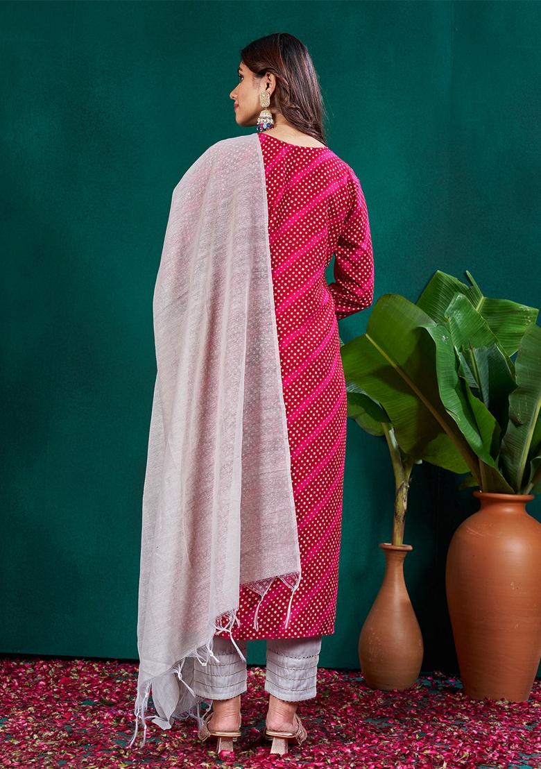 Rani Pink Embroidered Rayon Salwar Kameez With Dupatta