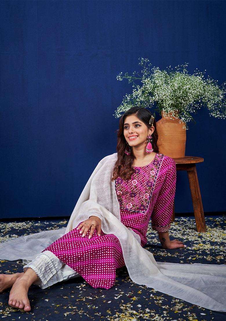 Purple Embroidered Rayon Salwar Kameez With Dupatta