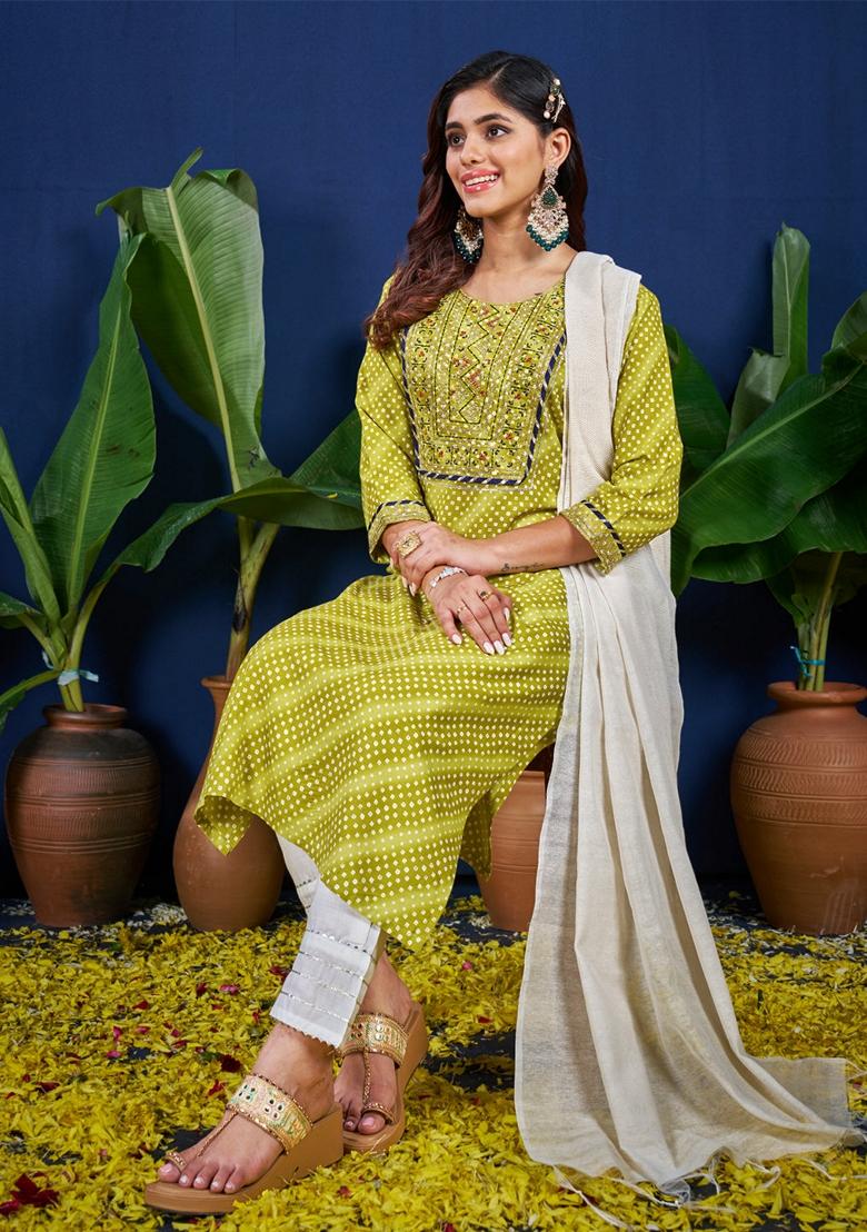 Parrot Green Embroidered Rayon Salwar Kameez With Dupatta