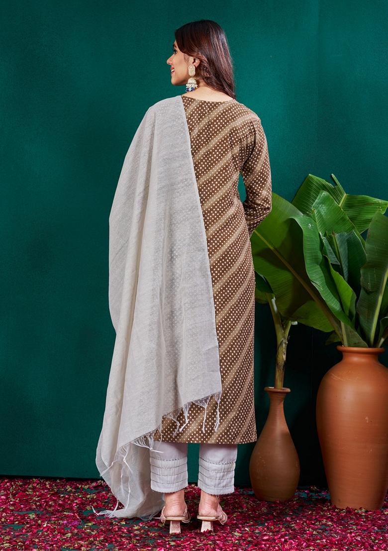 Coffee Brown Embroidered Rayon Salwar Kameez With Dupatta