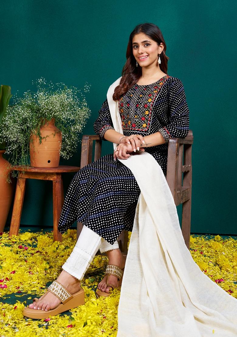 Black Embroidered Rayon Salwar Kameez With Dupatta