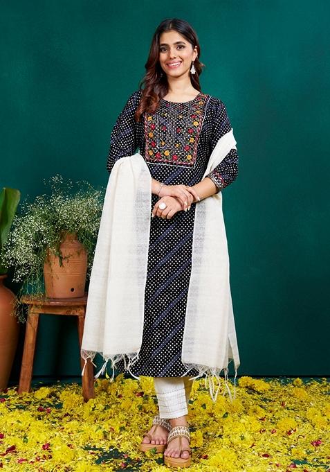 Black Embroidered Rayon Salwar Kameez With Dupatta