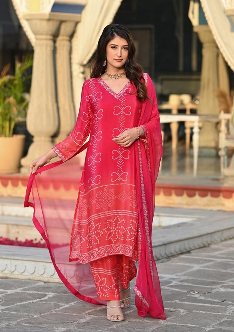 Pink Embroidered Chinnon Salwar Kameez With Dupatta