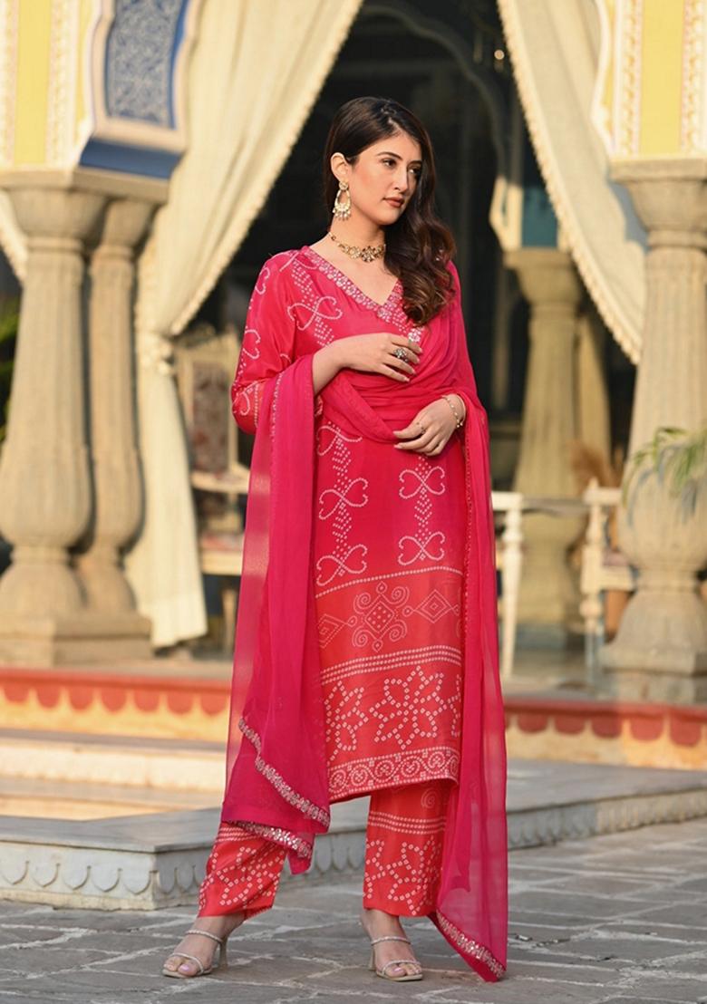 Pink Embroidered Chinnon Salwar Kameez With Dupatta