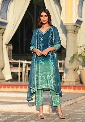Teal Blue Embroidered Chinnon Salwar Kameez With Dupatta