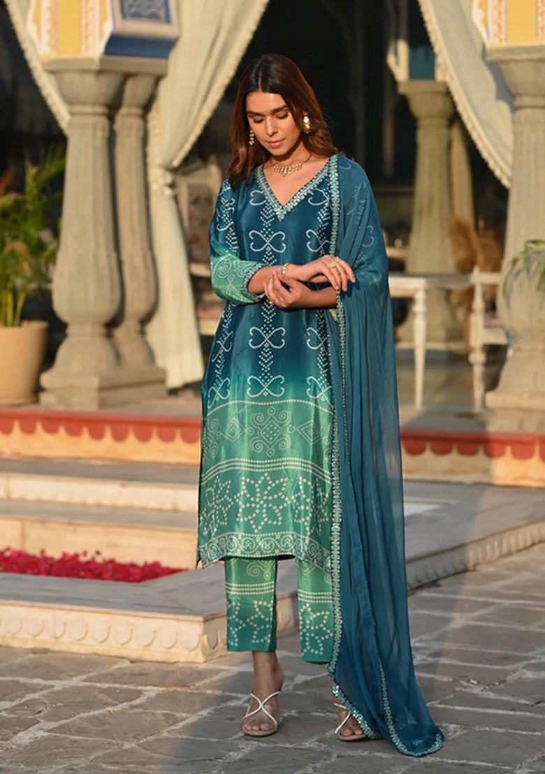 Teal Blue Embroidered Chinnon Salwar Kameez With Dupatta