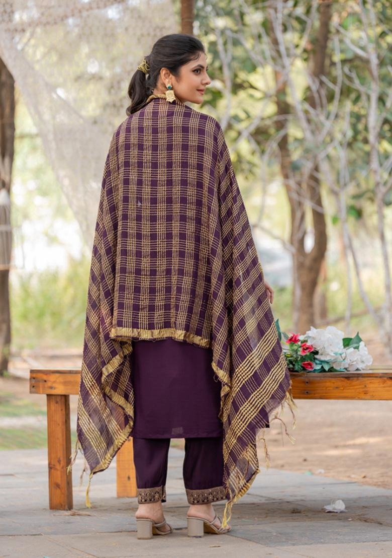 Wine Embroidered Roman Silk Salwar Kameez With Dupatta