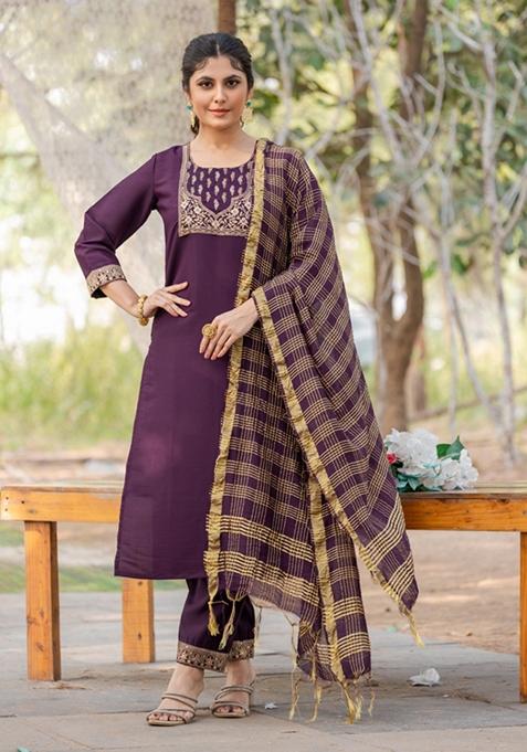 Wine Embroidered Roman Silk Salwar Kameez With Dupatta