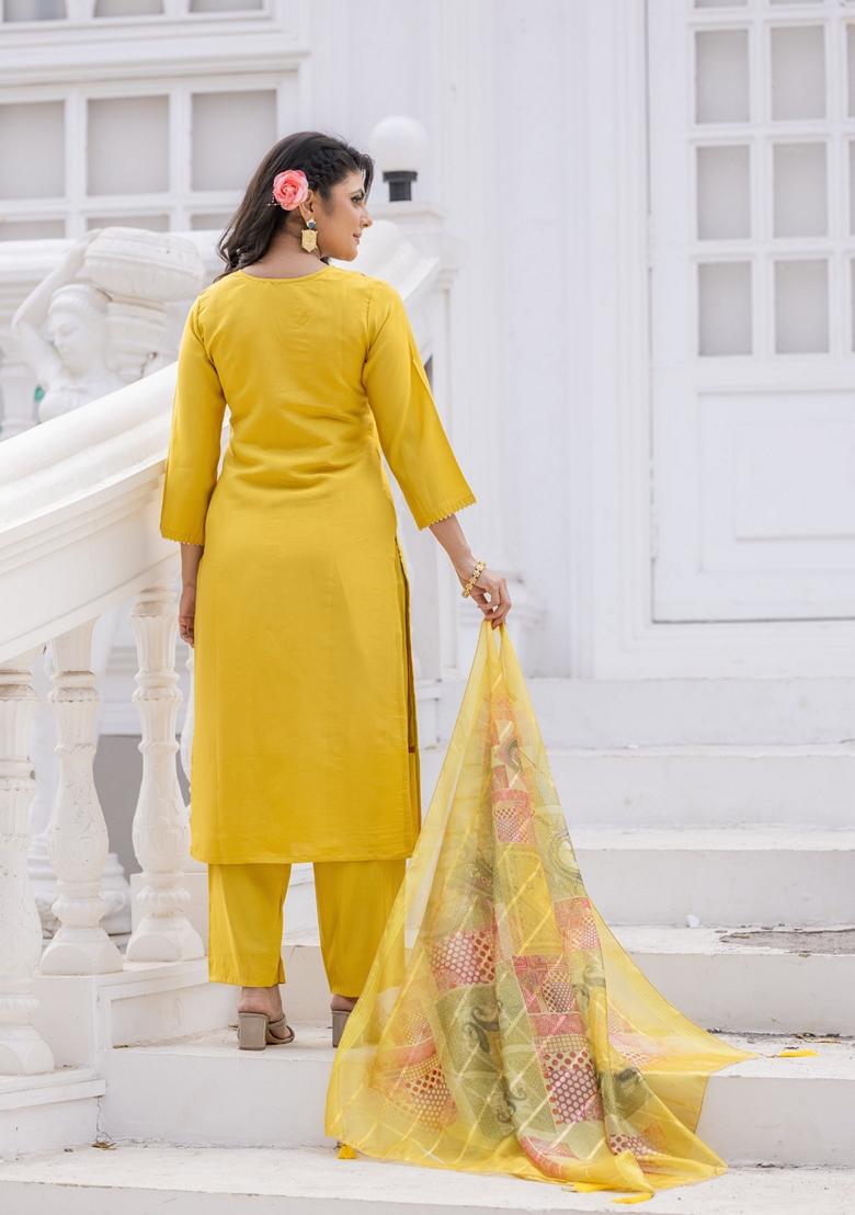 Yellow Embroidered Roman Silk Salwar Kameez With Dupatta