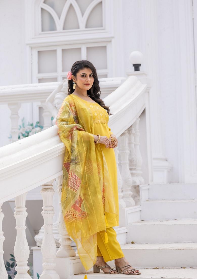Yellow Embroidered Roman Silk Salwar Kameez With Dupatta