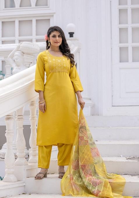 Yellow Embroidered Roman Silk Salwar Kameez With Dupatta
