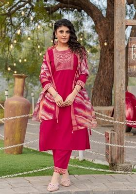 Rani Pink Embroidered Roman Silk Salwar Kameez With Dupatta