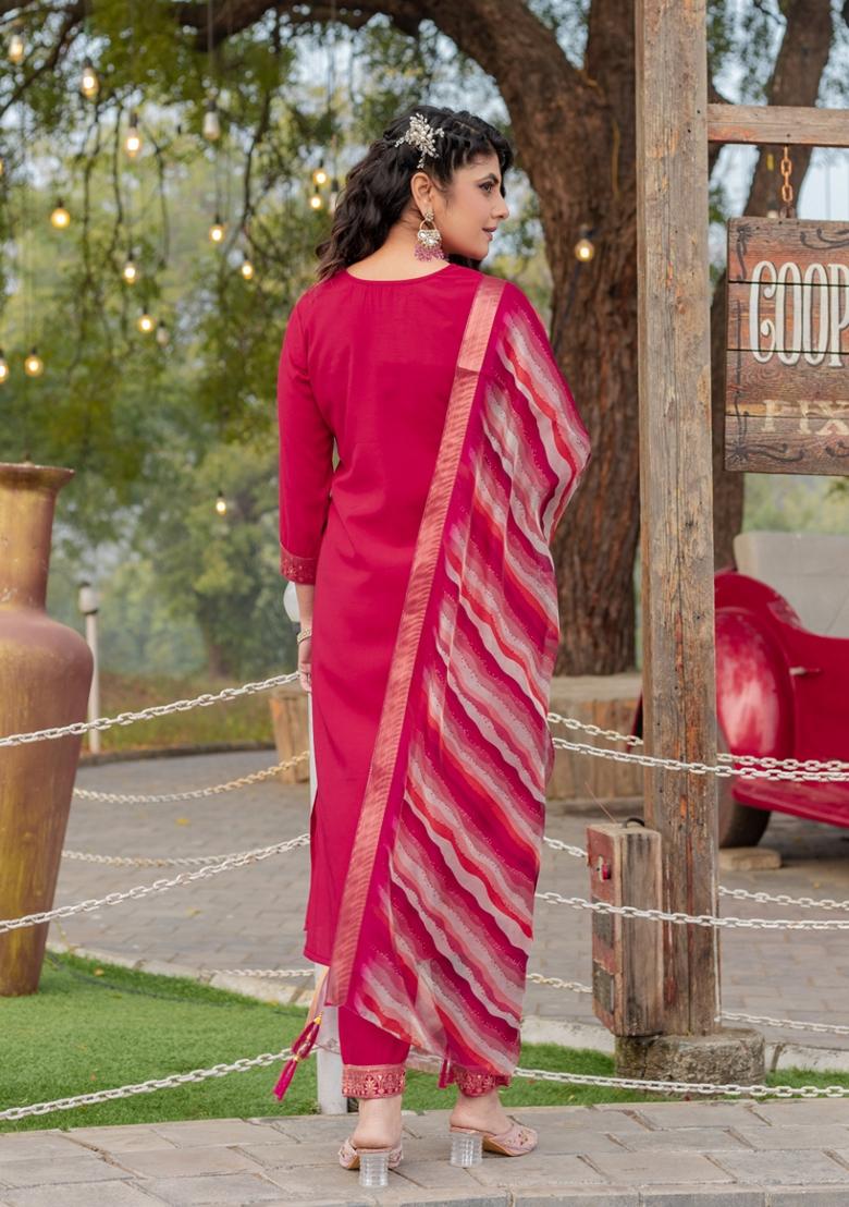 Rani Pink Embroidered Roman Silk Salwar Kameez With Dupatta