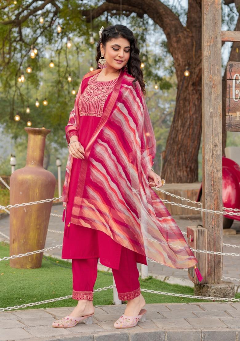 Rani Pink Embroidered Roman Silk Salwar Kameez With Dupatta