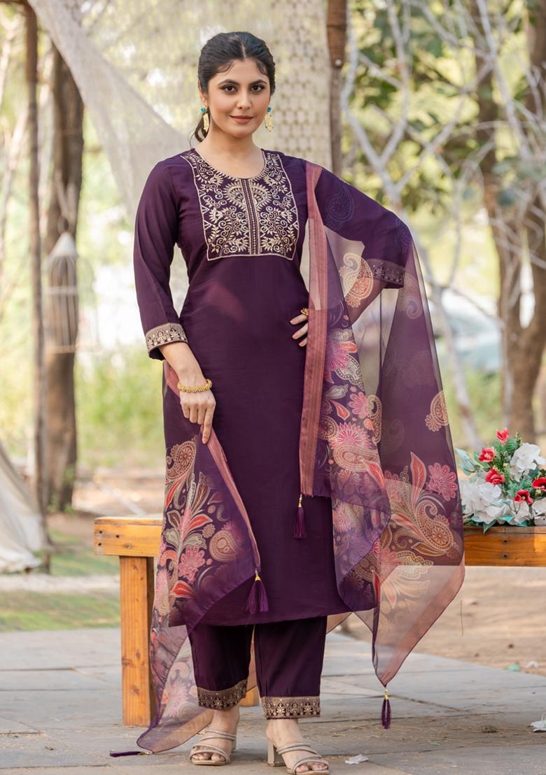 Wine Embroidered Roman Silk Salwar Kameez With Dupatta