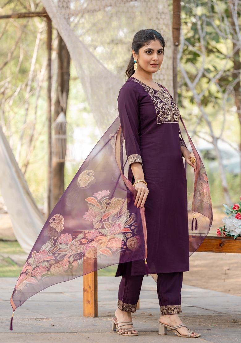 Wine Embroidered Roman Silk Salwar Kameez With Dupatta