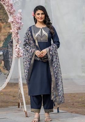 Navy Blue Embroidered Rayon Salwar Kameez With Dupatta