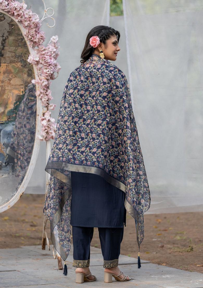 Navy Blue Embroidered Rayon Salwar Kameez With Dupatta