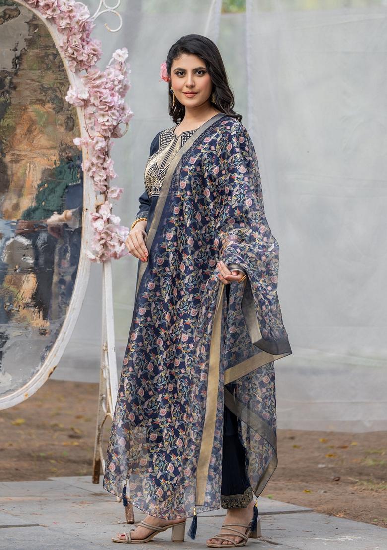 Navy Blue Embroidered Rayon Salwar Kameez With Dupatta