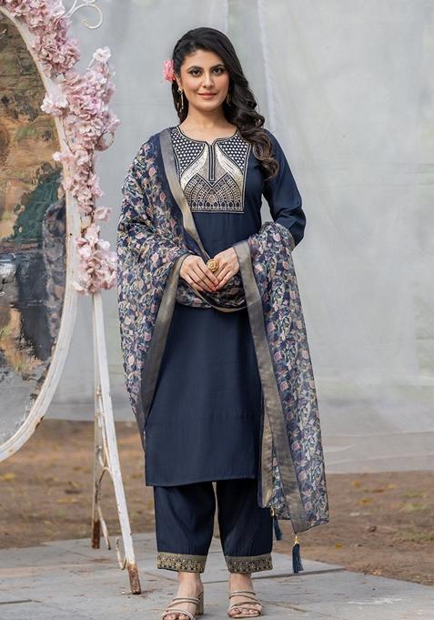 Navy Blue Embroidered Rayon Salwar Kameez With Dupatta