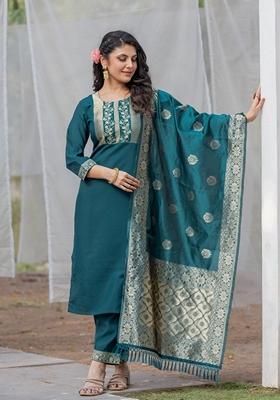 Teal Blue Embroidered Rayon Salwar Kameez With Dupatta