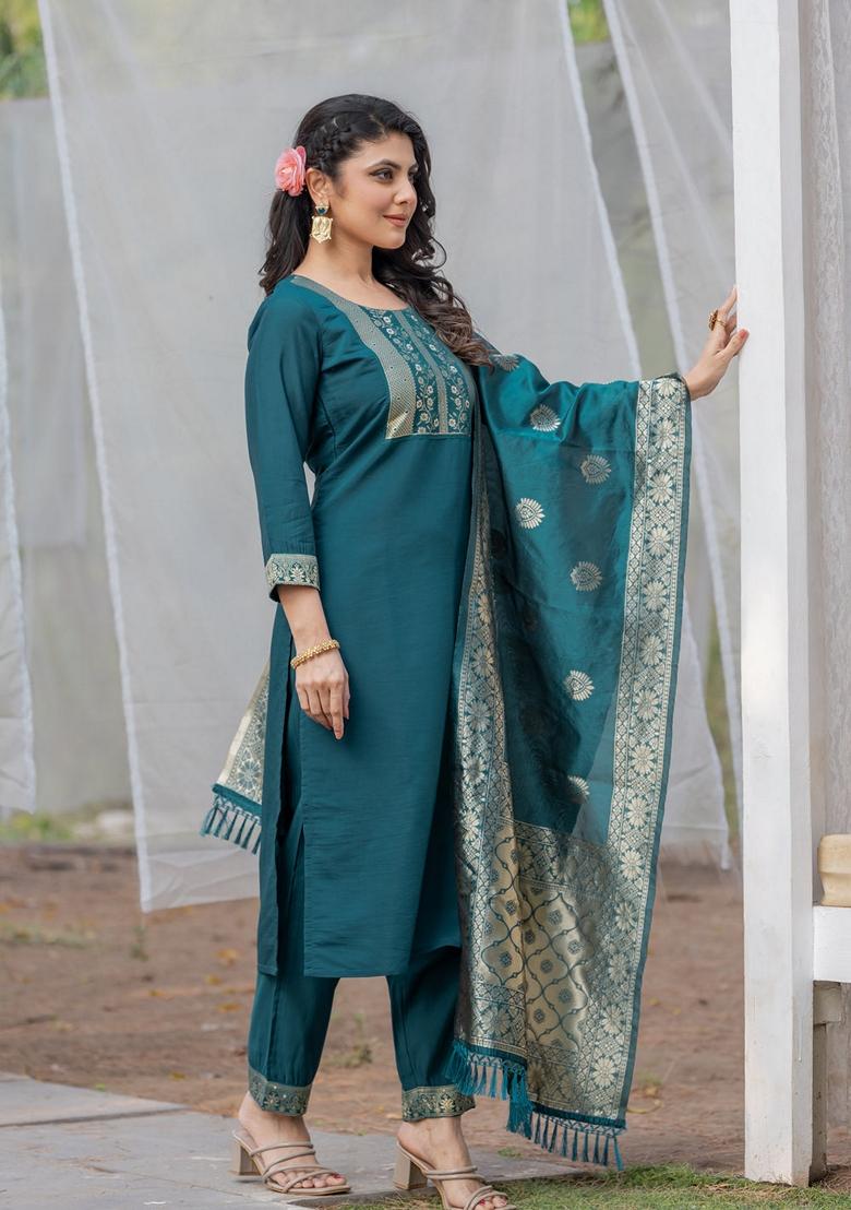 Teal Blue Embroidered Rayon Salwar Kameez With Dupatta