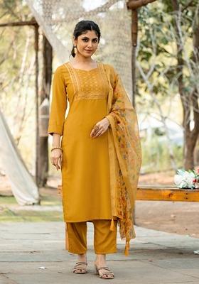 Mustard Yellow Embroidered Rayon Salwar Kameez With Dupatta