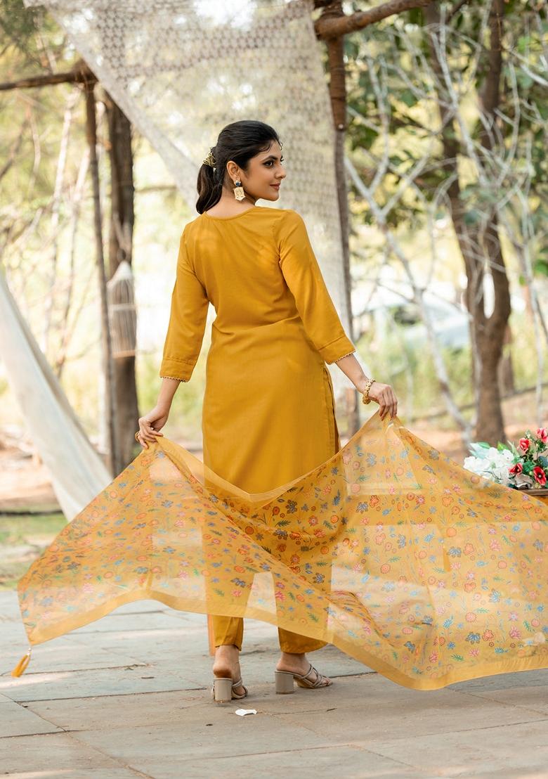 Mustard Yellow Embroidered Rayon Salwar Kameez With Dupatta