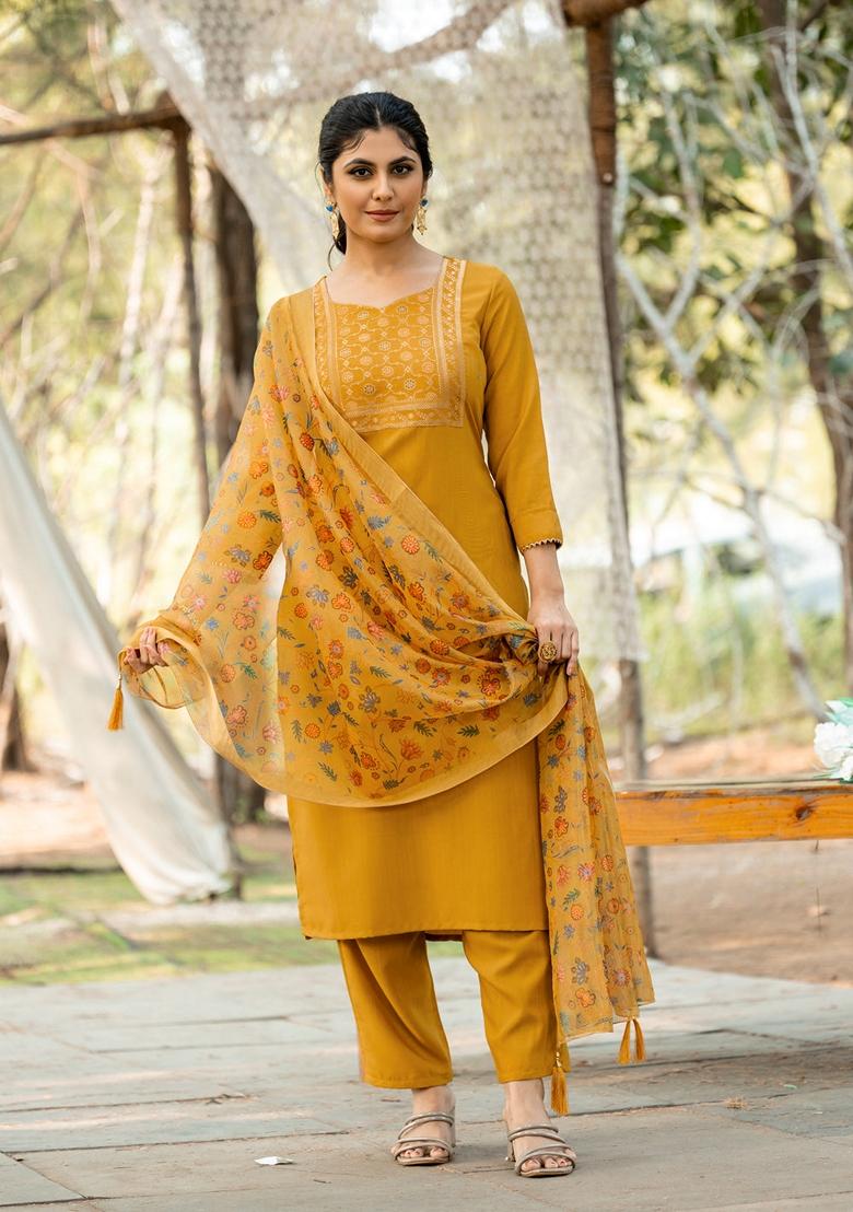 Mustard Yellow Embroidered Rayon Salwar Kameez With Dupatta