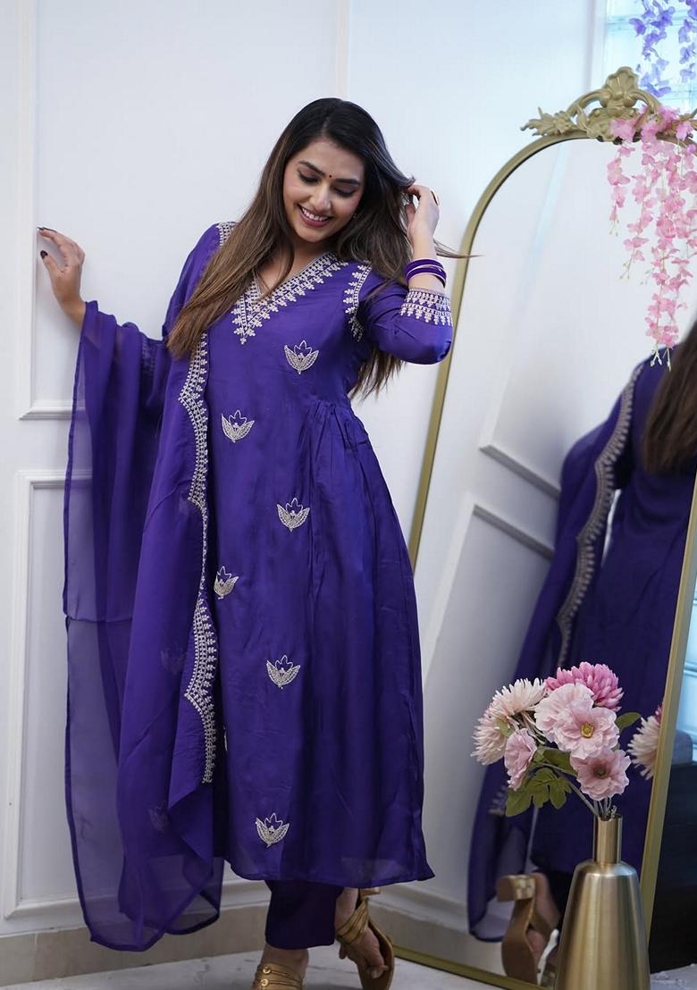 Blue Embroidered Chanderi Salwar Kameez With Dupatta