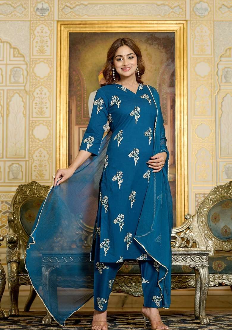 Teal Blue Printed Cotton Straight Kurta Set - Indya