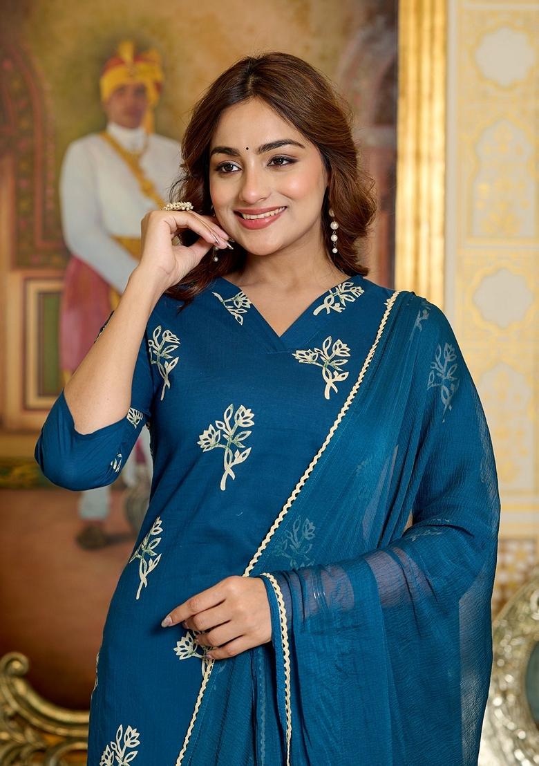 Teal Blue Printed Pure Cotton Salwar Kameez With Dupatta