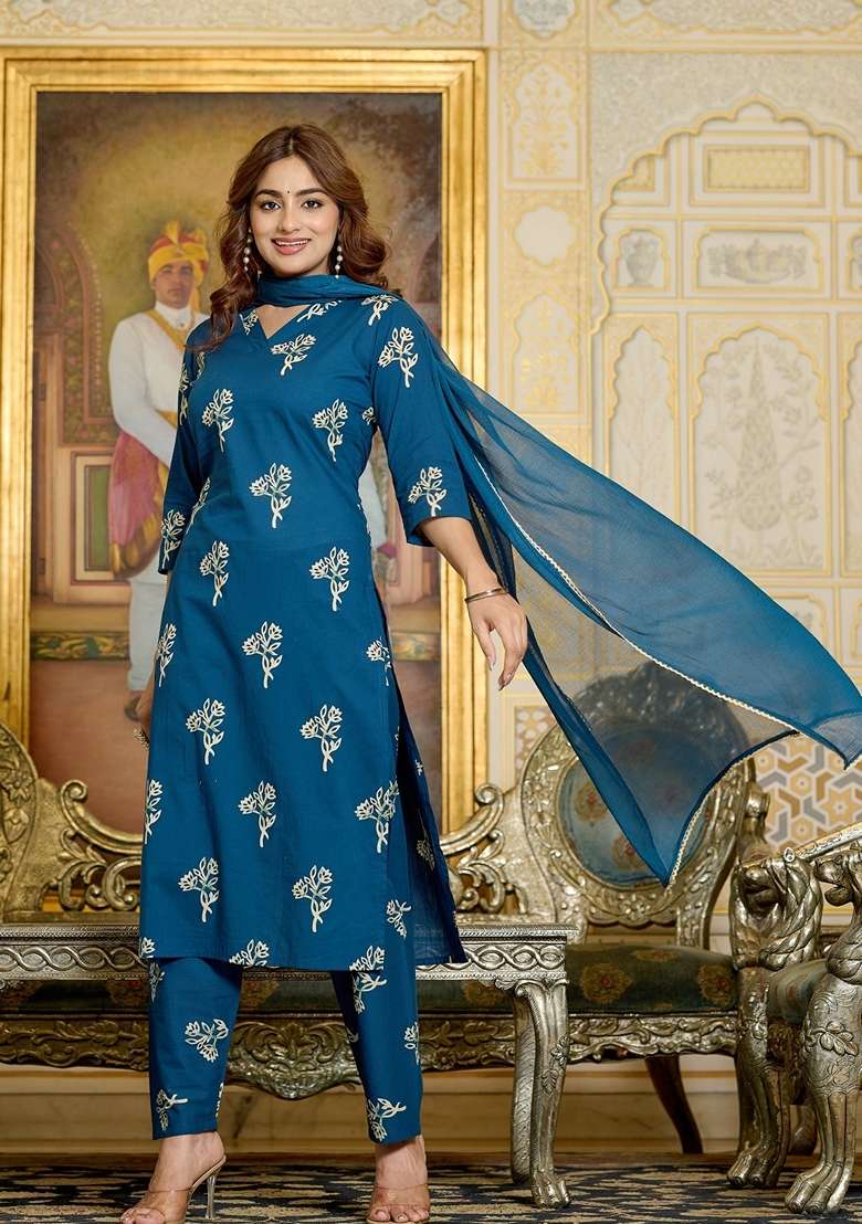 Teal Blue Printed Cotton Straight Kurta Set - Indya