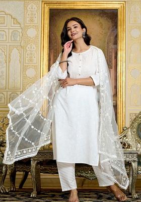 White Embroidered Pure Cotton Salwar Kameez With Dupatta