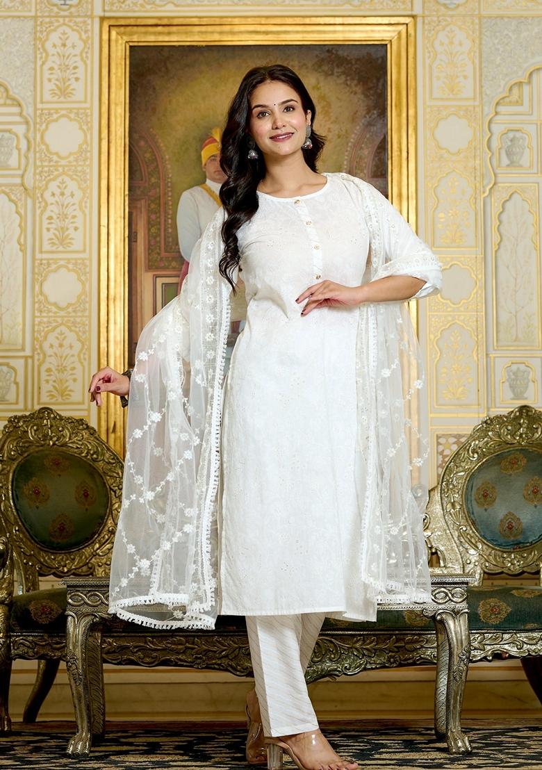 White Embroidered Pure Cotton Salwar Kameez With Dupatta