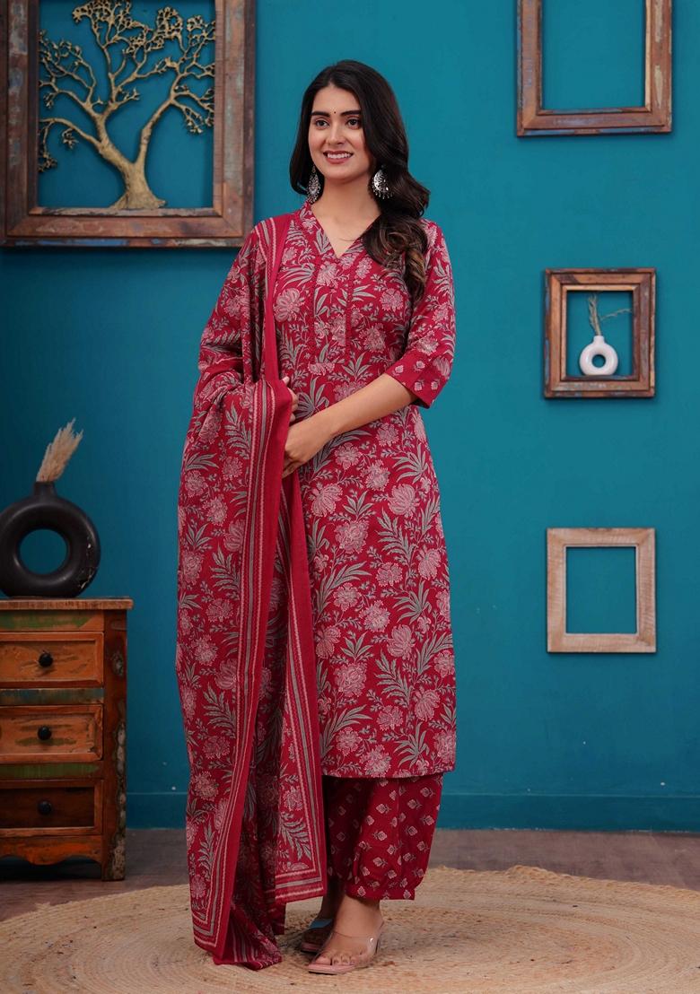 Pink Printed Pure Cotton Salwar Kameez With Dupatta