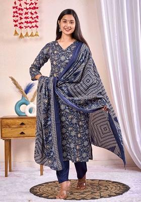 Navy Blue Printed Cotton Blend Salwar Kameez With Dupatta