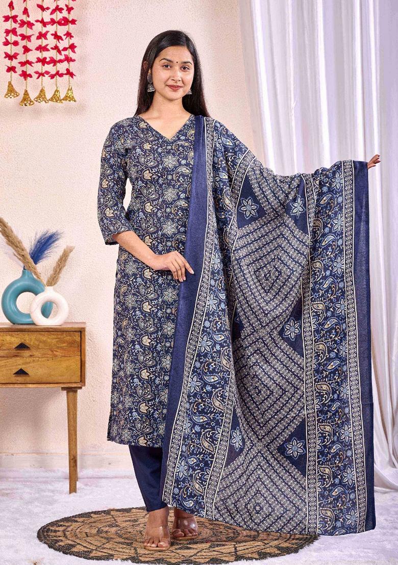 Navy Blue Printed Cotton Blend Salwar Kameez With Dupatta