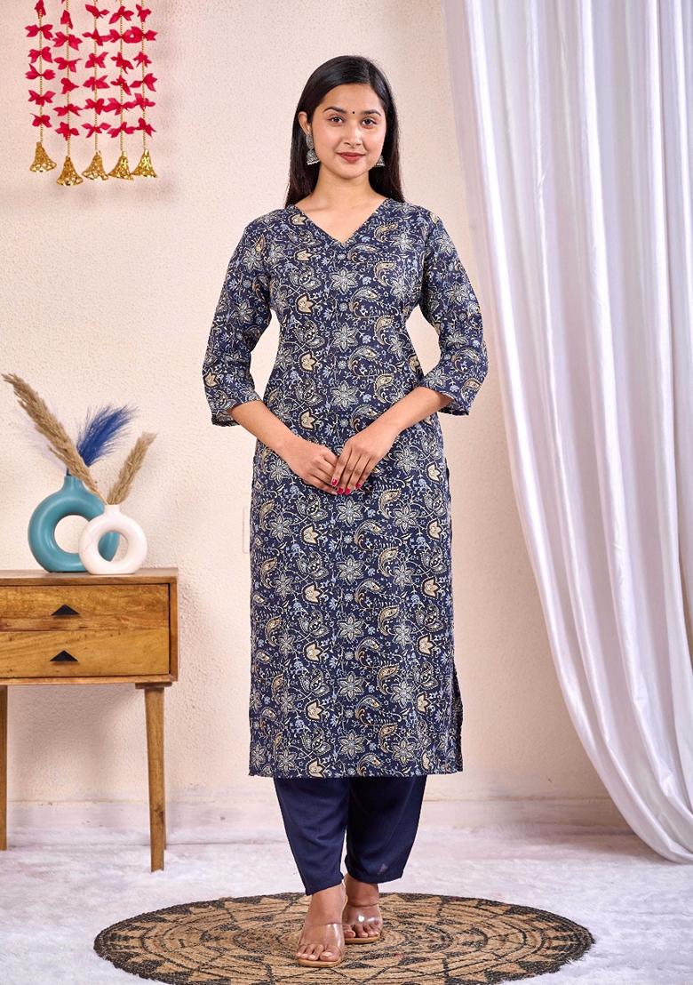 Navy Blue Printed Cotton Blend Salwar Kameez With Dupatta