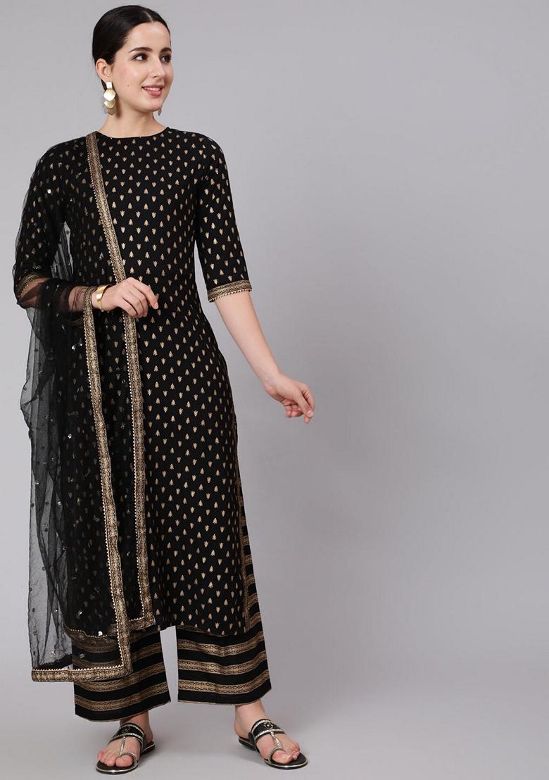 Black Printed Rayon Palazzo Set With Dupatta
