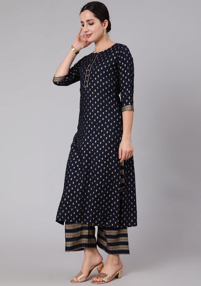 Navy Blue Printed Rayon Palazzo Set With Dupatta