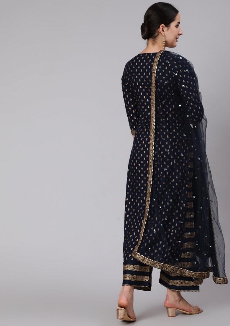 Navy Blue Printed Rayon Palazzo Set With Dupatta